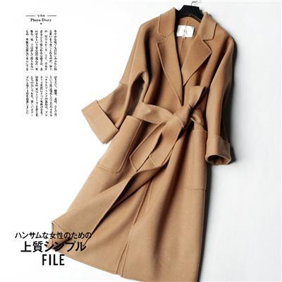 秋冬純色翻邊袖口腰帶雙面絨羊毛呢大衣