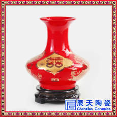 中国红花瓶景德镇招财进宝中国红小花瓶摆件