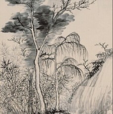 1933年作 古木奇峰小景 立轴 水墨纸本