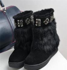 欧美大品牌时尚短靴 真兔毛磨砂皮平底水钻雪地靴 保暖加绒女冬靴