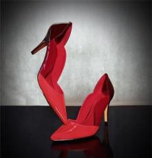 真皮女鞋 尖头高跟渐变红色女式单鞋 走秀款漆皮皮鞋