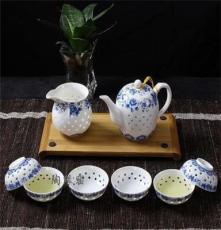 薄胎镂空玲珑茶具整套青花骨瓷 提梁壶 礼品茶具高档包装加印定制