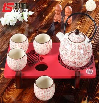 直销特色陶瓷日韩茶具套装 喜庆礼品 和风球形壶梅花茶具5件套