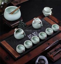 老船木烏金石頭茶盤 東道汝窯茶具套裝高檔禮品禮盒老船木黑金石