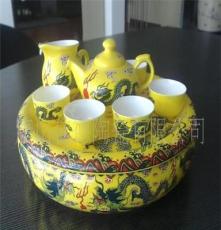 供应高档骨质瓷礼品茶具10头手绘牡丹 黄釉金龙