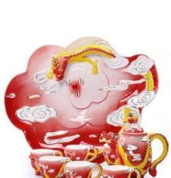 珐琅瓷茶具套装 金龙骨瓷手绘茶具八件套 定制创意陶瓷礼品摆件