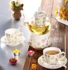 混批潮州陶瓷 时尚玻璃陶瓷可加热果茶花茶茶具8件套 组合套装