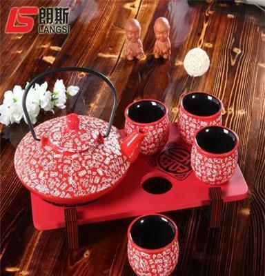 直销特色陶瓷日韩茶具套装 喜庆礼品 和风扁形壶茶具5件套
