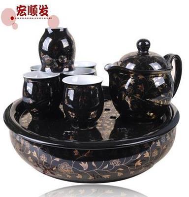 茶具批发 茶具套装 功夫茶具 宏顺发 2号盘双层 黑金叶子