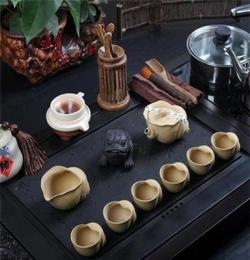 黑檀木配乌金石茶盘 手绘陶瓷茶具套装黑檀实木黑金石电磁炉茶盘