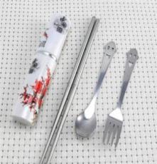 超低 可爱不锈钢环保勺子叉子筷子袋装便携餐具套装三件套 中国风