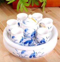 景勤陶瓷 高档青花釉中彩双层防烫杯茶具套装含茶盘 鹭栖 C161
