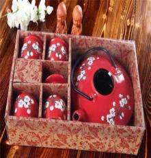 直销特色陶瓷日韩茶具套装 喜庆礼品 和风扁形壶梅花茶具5件套