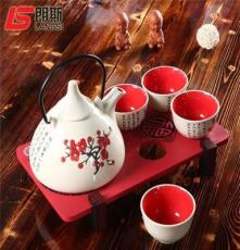 直销特色陶瓷日韩茶具套装 喜庆礼品 和风大肚壶梅花茶具5件套
