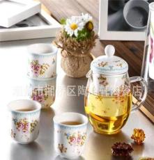 混批潮州陶瓷韩式蓝玫瑰时尚玻璃陶瓷果茶花茶茶具7件套 组合套装