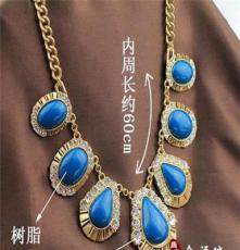 欧美大牌饰品混批 J.CR*W天蓝色宝石镶钻夸张长项链+手链套装