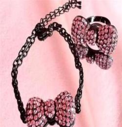 优质供应 韩国原单饰品套装，时尚镶钻粉色蝴蝶结戒指手链套装