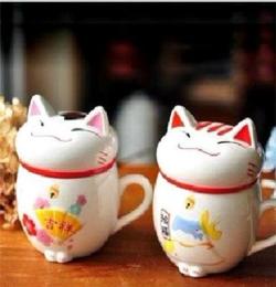 新年财运杯 招财猫陶瓷杯 带盖咖啡杯 陶瓷马克杯子 猫咪杯子