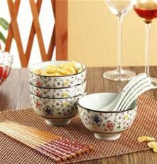 瑜美陶瓷 日式釉下彩绘陶瓷餐具套装4碗4勺4筷 礼品碗 碗套装
