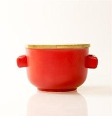 新款大号陶瓷带盖泡面碗 纯色双耳木盖陶瓷碗 亮彩餐具