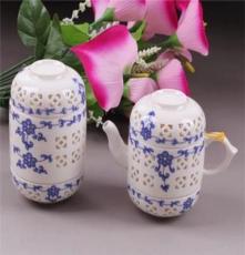 德化陶瓷 高档米通玲珑 创意双杯套壶组 青花茶叶罐 茶盘茶具