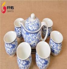 工厂直销 7头蓝色青花隔热杯茶具套装 双层隔热杯茶具 促销批发