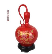 厂家批发陶瓷功夫茶具套装 中国红瓷防潮茶道 两节葫芦密封茶叶罐