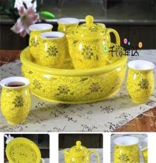 景德镇彩茶具 隔热双层黄金8头茶具 陶瓷大圆盘茶船茶托整套茶具