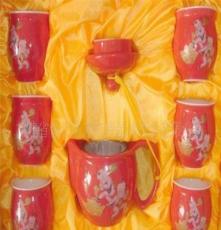 供应批发陶瓷茶具 7头红金荷花套装茶具 logo茶具 德化茶具