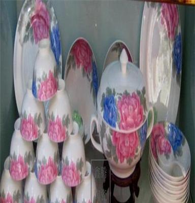 供应粉彩陶瓷餐具，手工贴花餐具，粉彩花鸟餐具