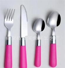 供应塑料手柄不锈钢餐具 餐刀、餐叉、餐勺、茶勺