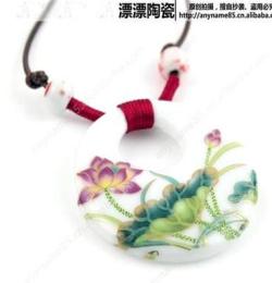漂漂陶瓷 青手繪粉彩 綠意荷花項(xiàng)鏈 毛衣鏈 女 民族風(fēng) 陶瓷首飾