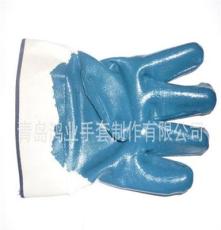 青岛厂家直供防护手套 白色绒布蓝色丁晴安全袖口半浸 劳保手套