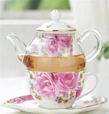 供应幸福满堂 浪漫玫瑰子母壶 陶瓷玻璃花茶咖啡茶具套装特价批发