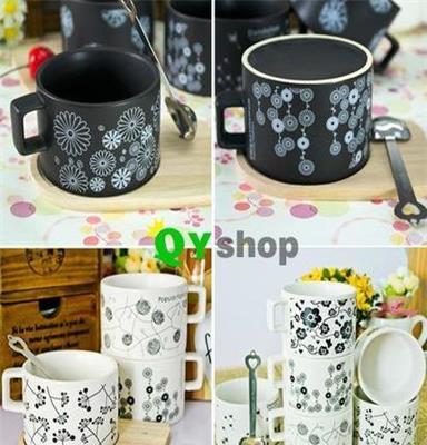 创意杯子亚光杯-带木杯垫磁性勺子 陶瓷马克杯咖啡奶茶杯 批发