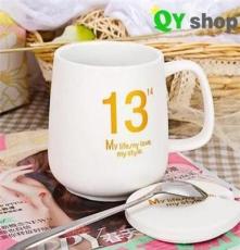 批发采购1314情侣马克杯 创意陶瓷水杯咖啡牛奶杯 带盖带勺杯子