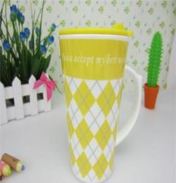 带盖V型早餐杯子陶瓷杯 创意可爱花纹塑料盖水杯 清晰牛奶咖啡杯