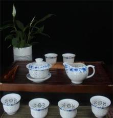 水晶玲珑瓷大号茶碗茶具套装 超薄镂空透明 青花三才盖碗功夫茶具
