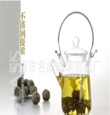 生产批发 耐热玻璃茶具 花茶壶 提梁壶 竹艺壶350ml批发玻璃茶具