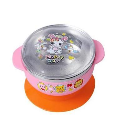 宝宝餐具不锈钢吸盘碗 儿童防摔防烫碗 婴儿双耳碗带盖送木勺