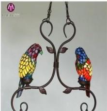 TIFFANY吊燈 彩色玻璃燈飾 兩只鸚鵡燈 動物燈寵物燈 陽臺吊燈