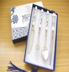青花瓷礼品餐具套装 创意韩式勺筷叉4件装 不锈钢陶瓷柄餐具