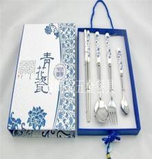 抽式韩式陶瓷 青花瓷四件套餐具 套装不锈钢叉勺筷 手提袋礼品