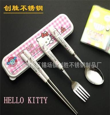 hello kitty陶瓷餐具四件套不锈钢餐具勺子筷子叉子收纳盒套装