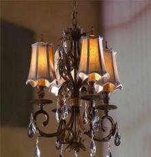 美式高档铁艺吊灯复古做旧4头卧室餐厅书房吊灯温馨布罩水晶吊灯