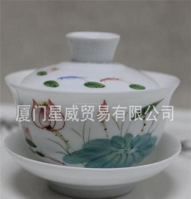 景德镇手绘色釉五彩盖碗 手绘茶碗 手绘茶具 功夫茶具 三才碗批发