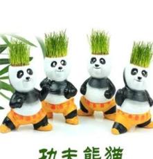 RJ945 功夫熊猫瓷质草头娃娃 桌面迷你植物 青草种植盆栽盆景