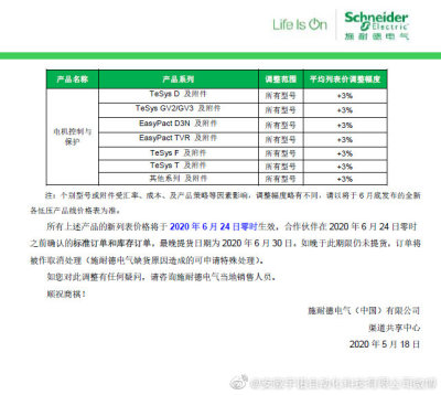 關于施耐德電氣2020年6月份24日價格調整