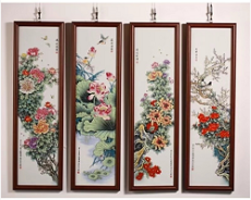 张松茂四季花卉瓷板四条屏