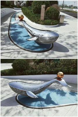 上海小广场景观不锈钢鲸鱼雕塑水景动物定制